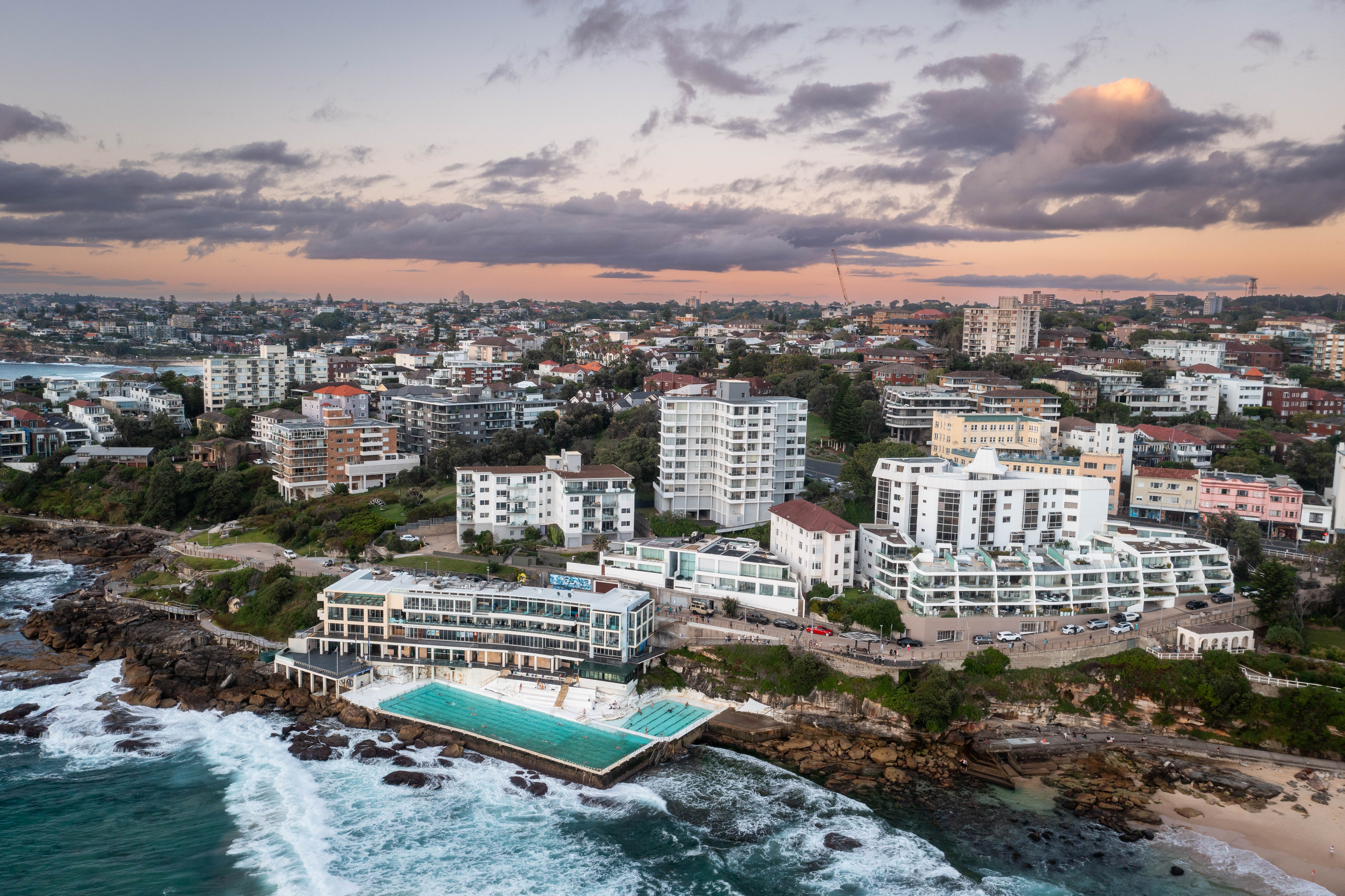 Orange sky over Bondi Icebergs aerial wall art print