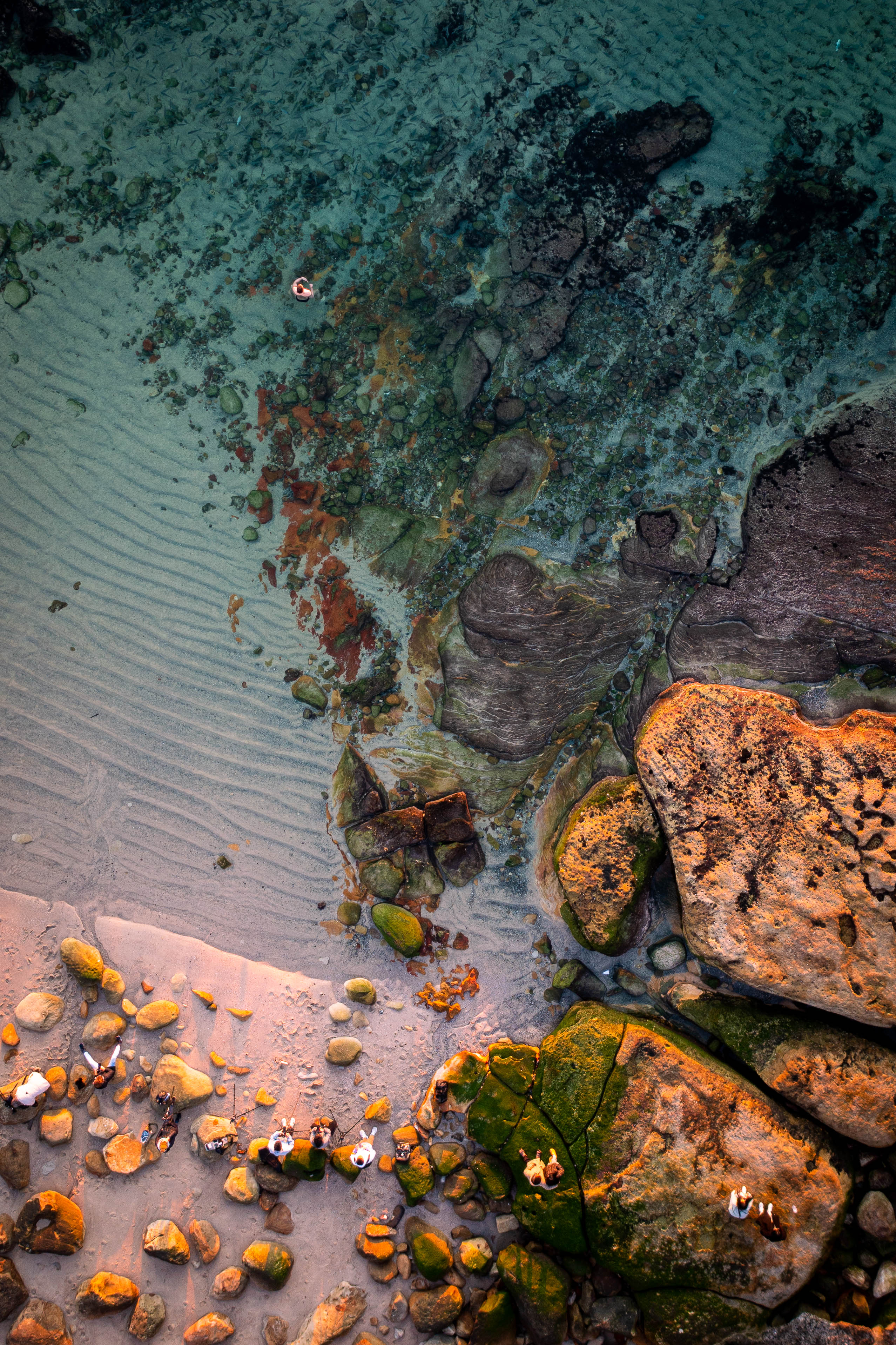Golden Sunlight upon Bronte Beach Rock Pool aerial photography print showing pool and sandstone at sunrise