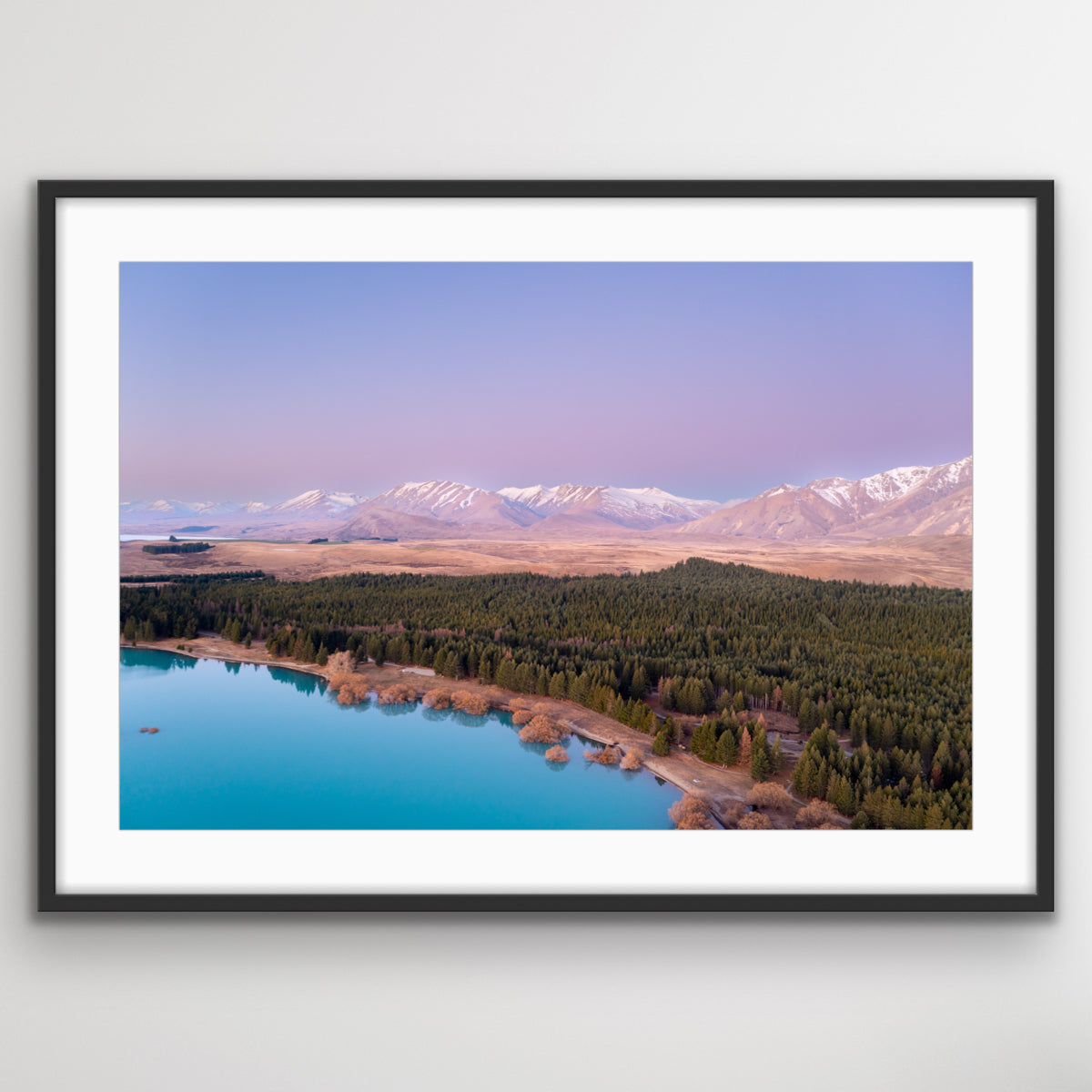 New Zealand Lake Tekapo aerial landscape photo print with scenic shoreline