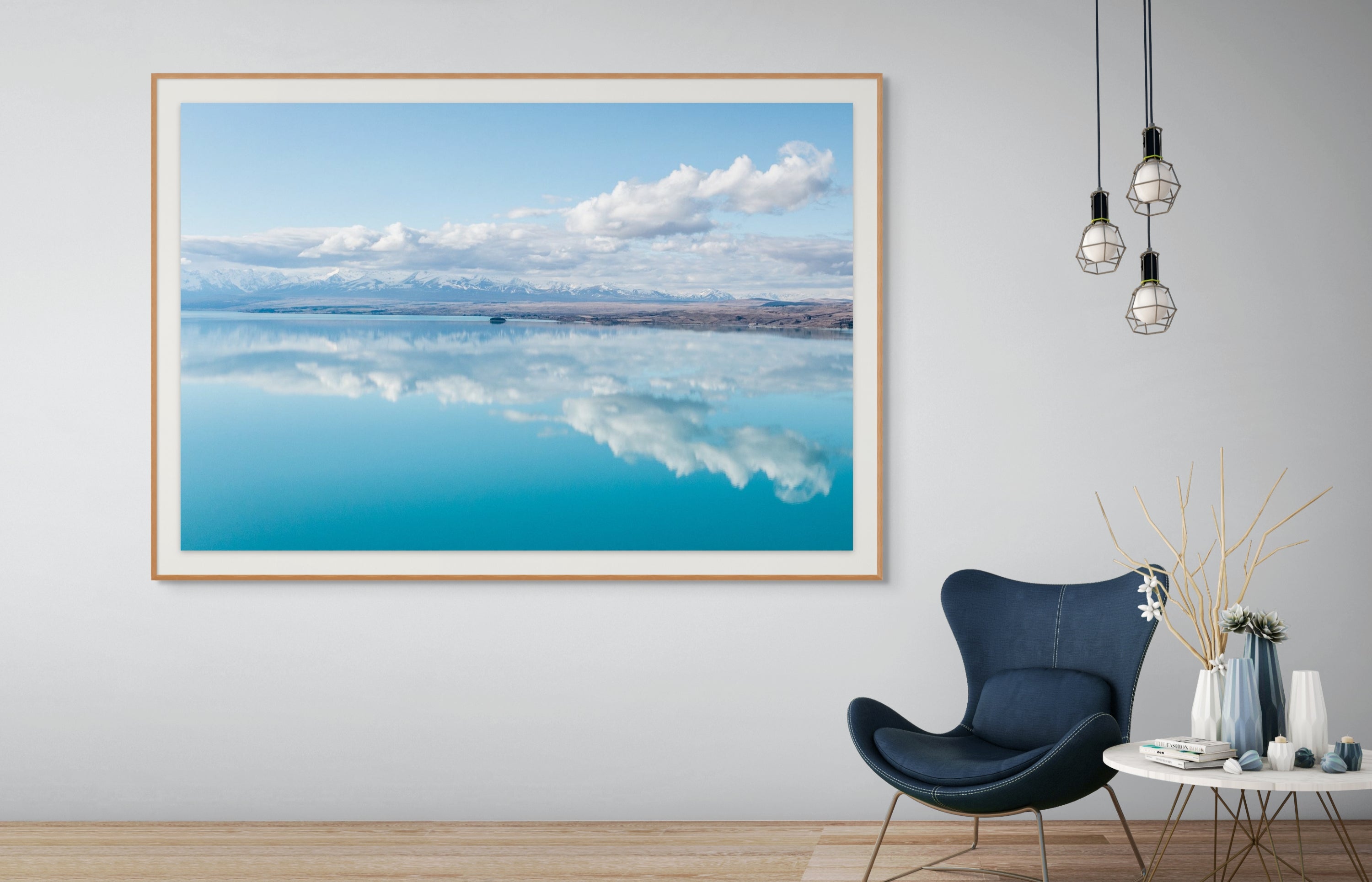 Aerial photograph of Lake Tekapo and surrounding hills wall art print