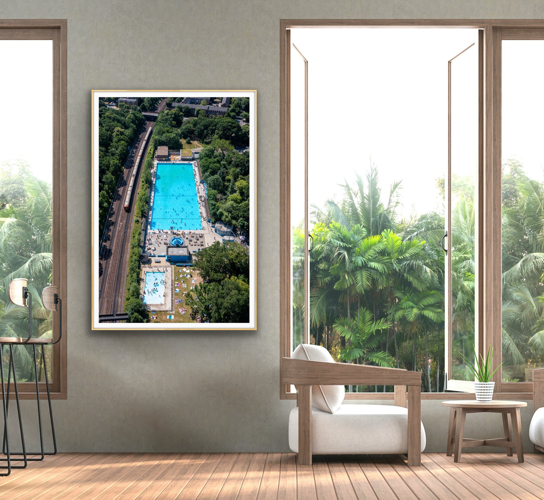 Sunlit London lido aerial print captured by drone fine art photography