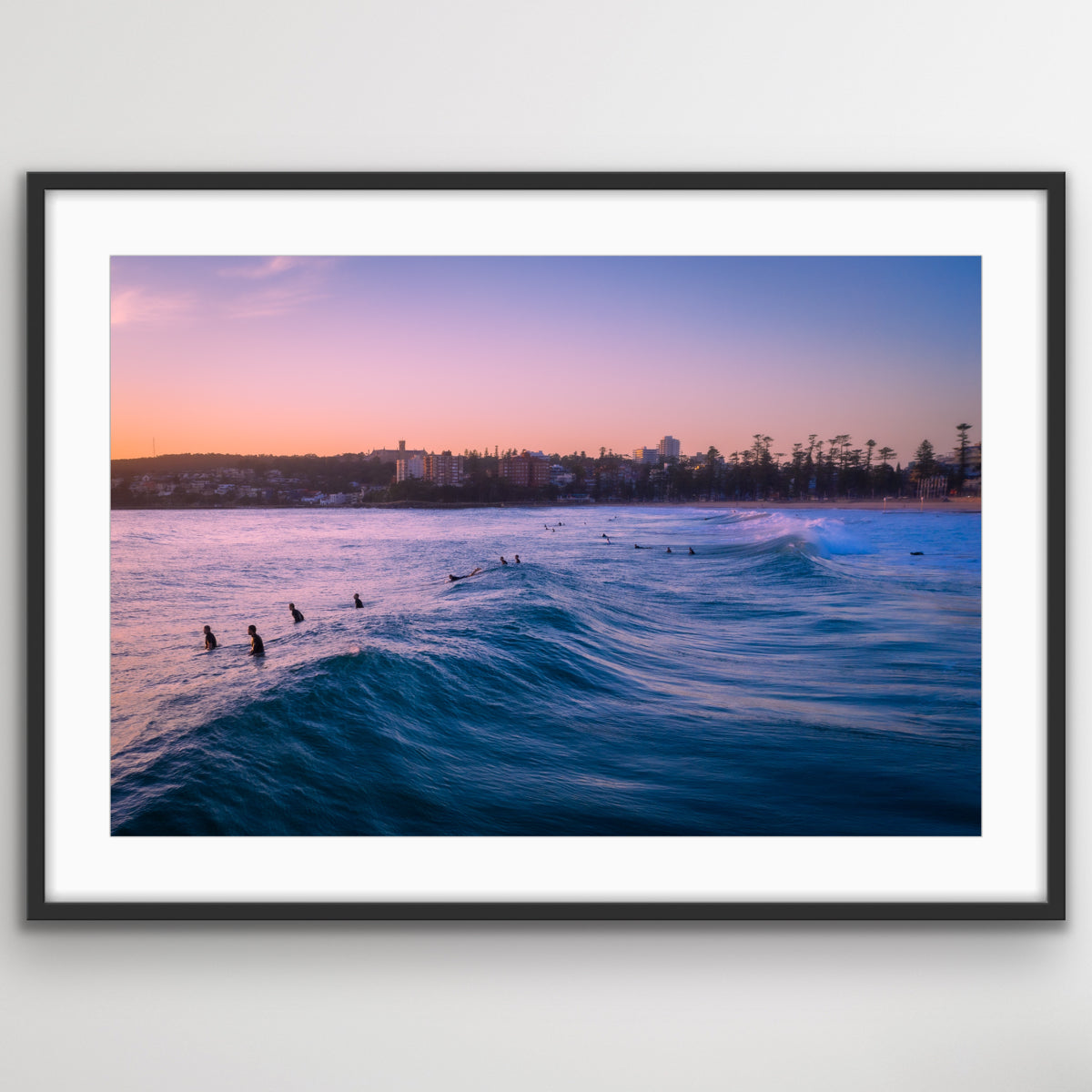 Early morning surfers at Manly aerial coastal wall art