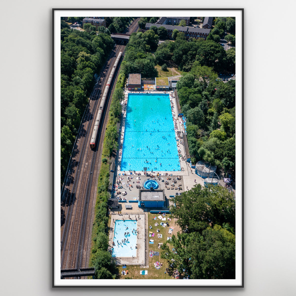 Drone aerial view of sunlit London lido fine art wall art photography print