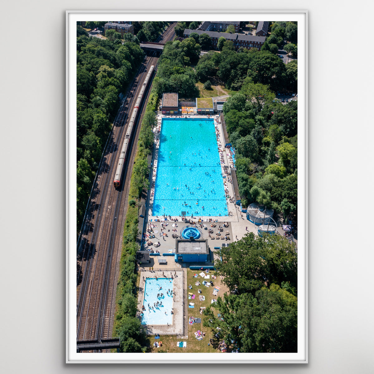 Aerial photograph of a London swimming lido under sunshine wall art print