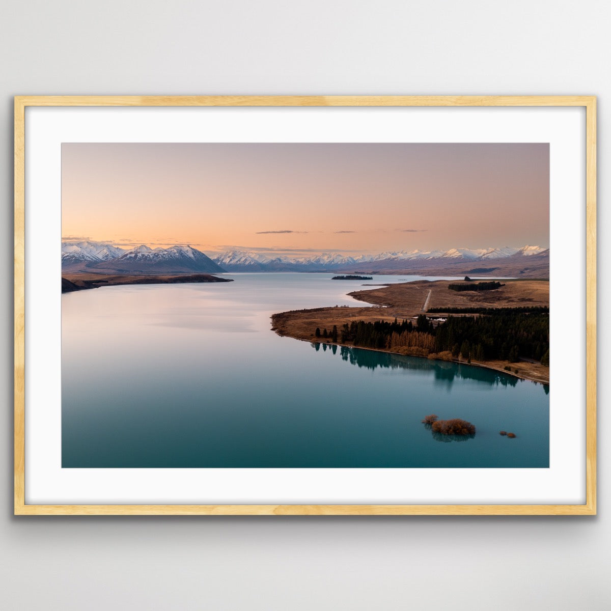 Drone aerial view of Lake Tekapo at sunrise fine art wall art photography print