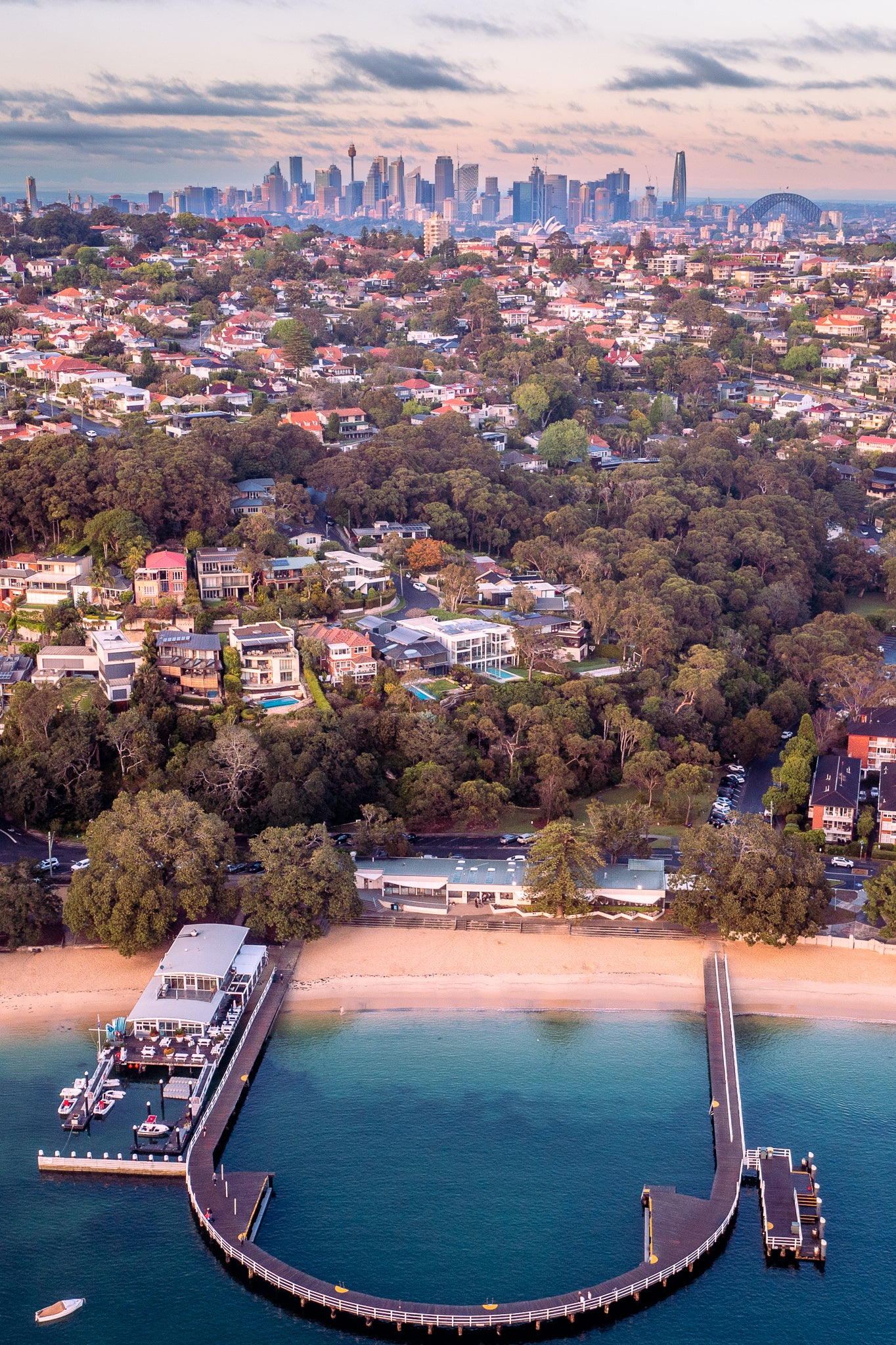 Aerial view of Balmoral Beach with Sydney skyline in the distance coastal fine art print