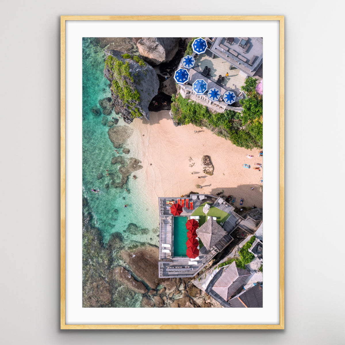 Drone view of beach umbrellas at Uluwatu Bali fine art print”