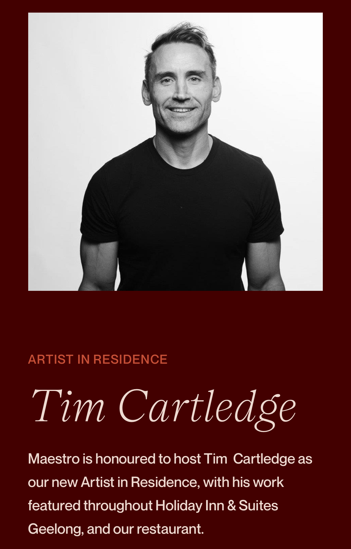 Black and white portrait of a man with text about Tim Cartledge being an Artist in Residence.