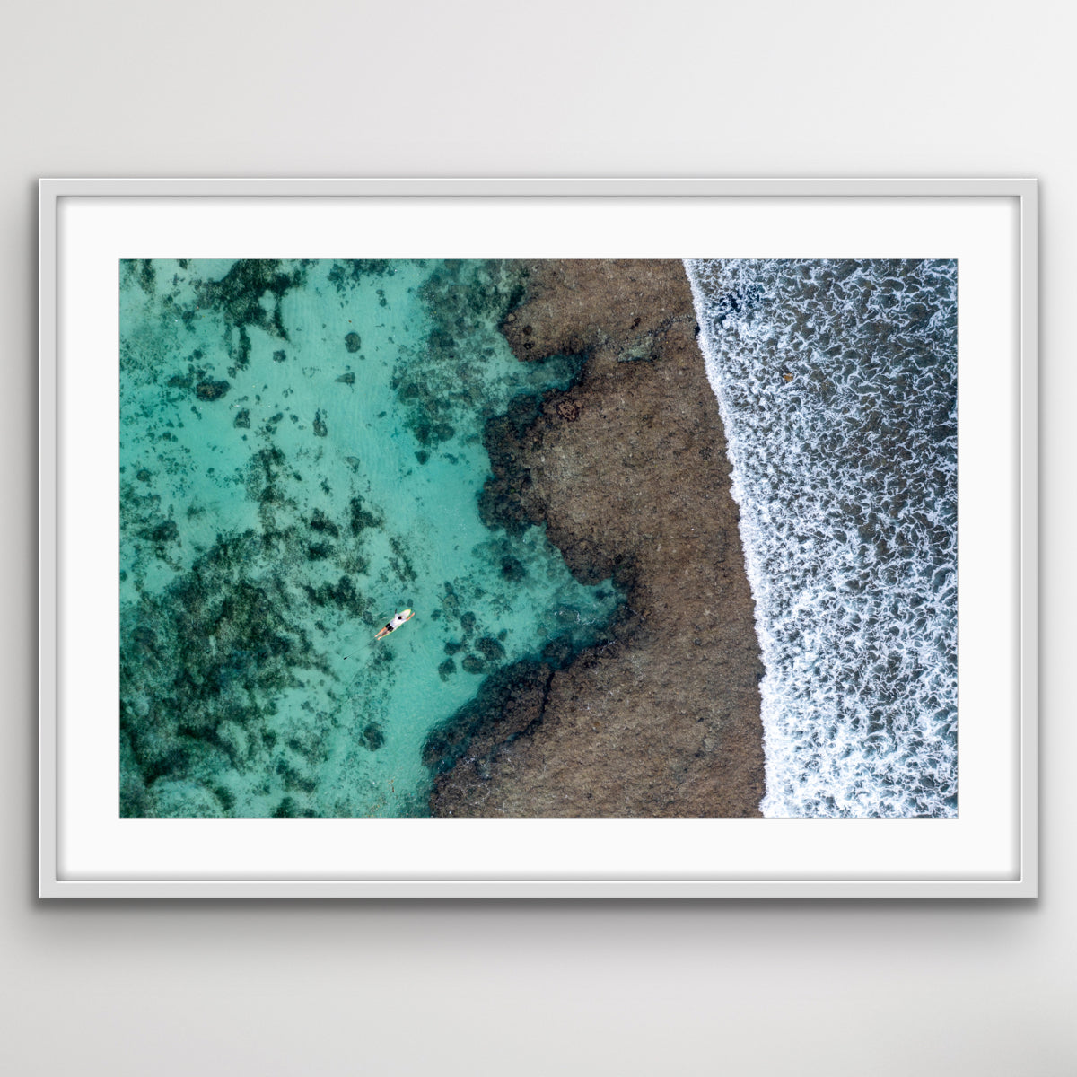 Aerial photograph of surfer at Bingin Bali wall art print