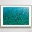 Surfers sitting on boards at Bondi Beach drone photography print
