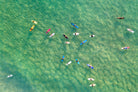 Drone aerial view of small surfers in turquoise water at Bondi fine art print