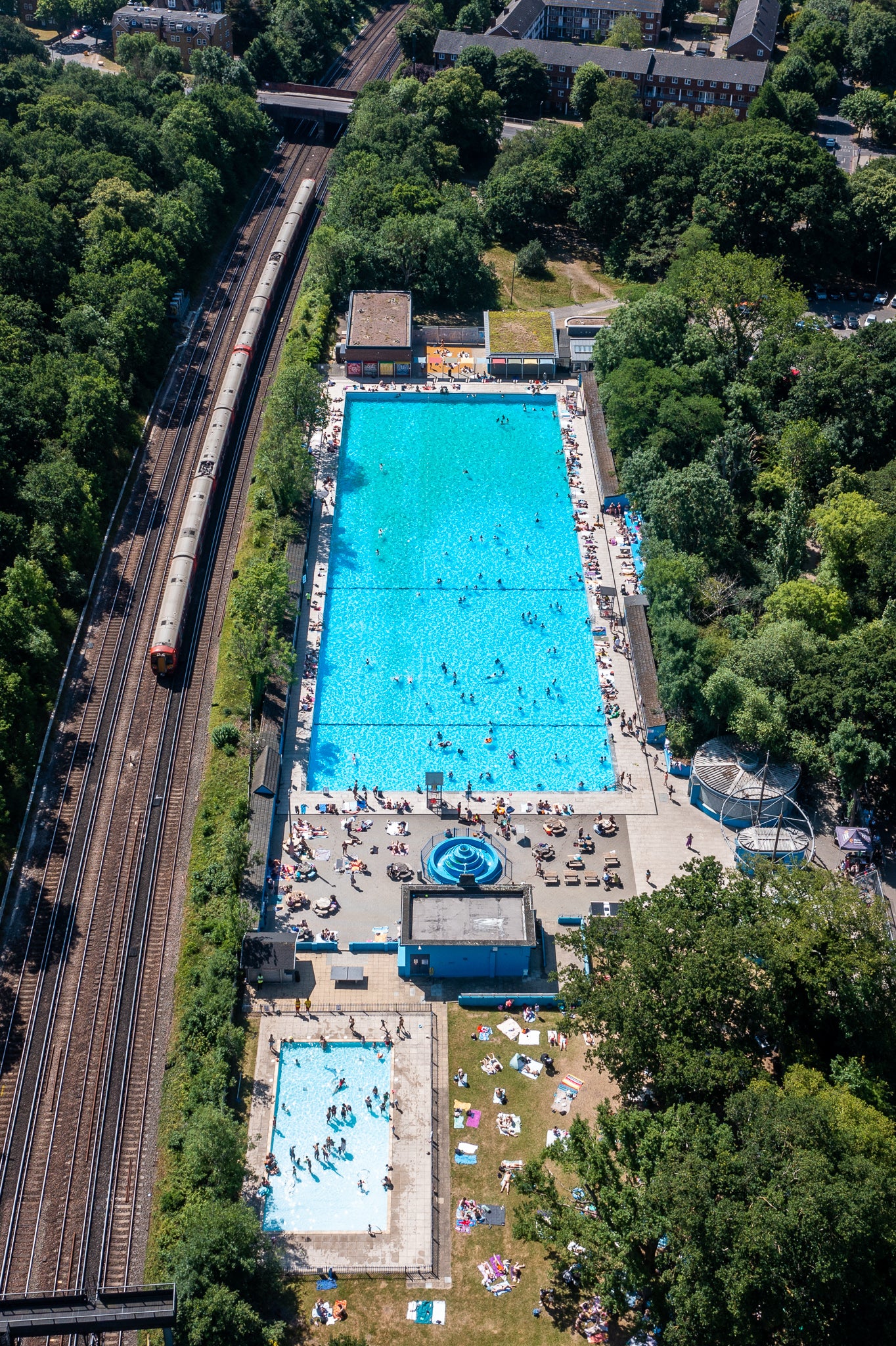 Sunny London Days at Lido aerial photography print showing London lido on a bright day