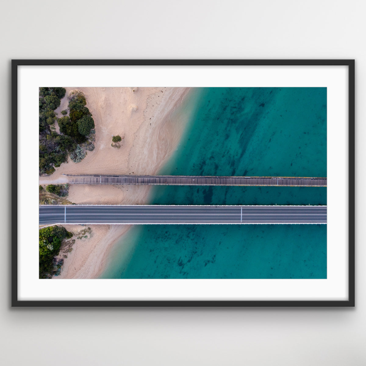 Drone top-down view of Barwon Heads Bridge and river estuary