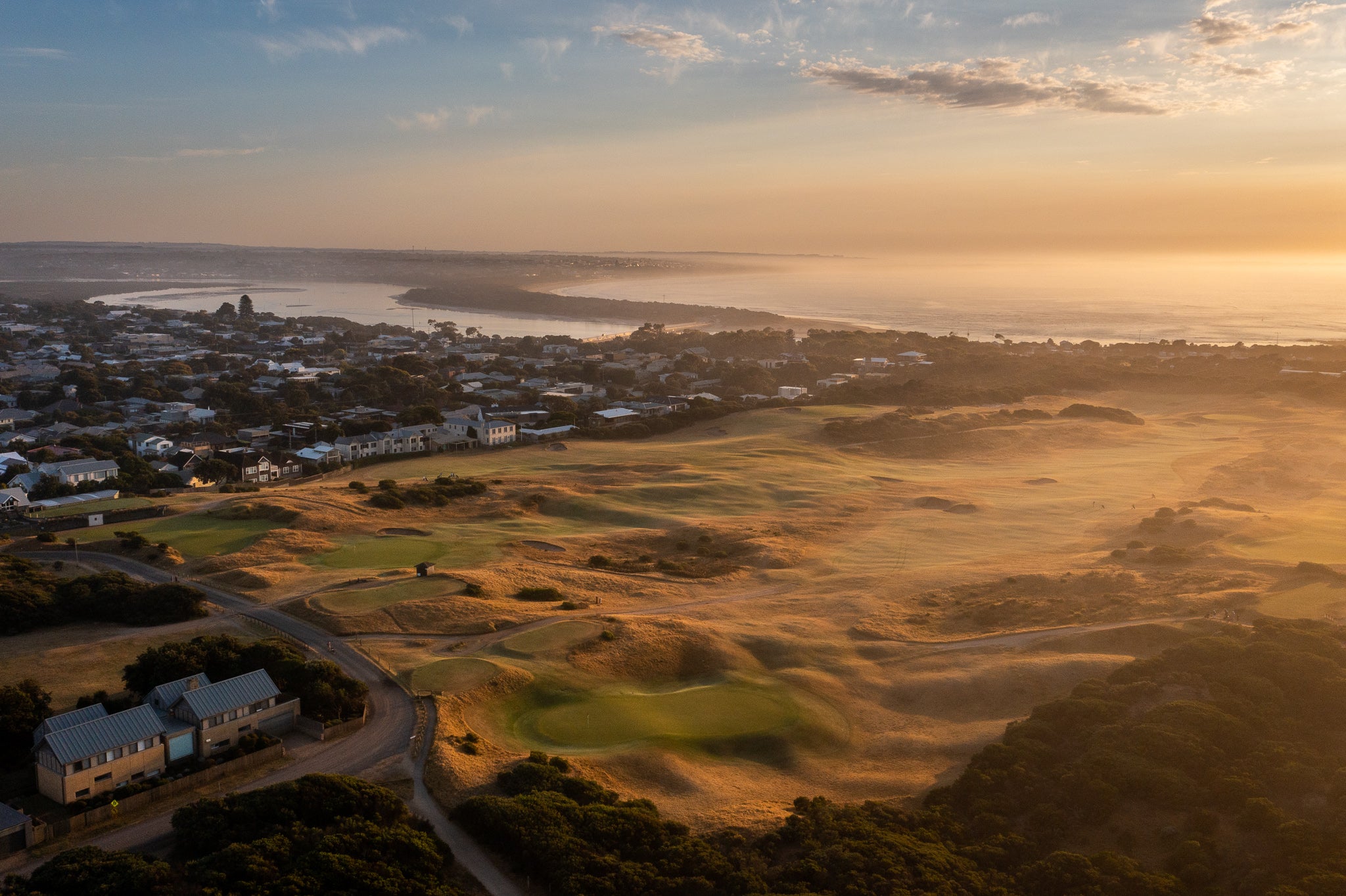 Golden Barwon Heads aerial photography print – sunrise over Barwon River and Southern Ocean in Victoria