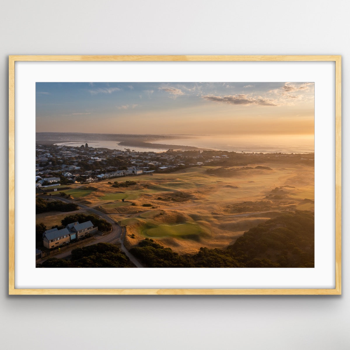 Drone aerial view of Barwon Heads coastline at golden sunrise, fine art print