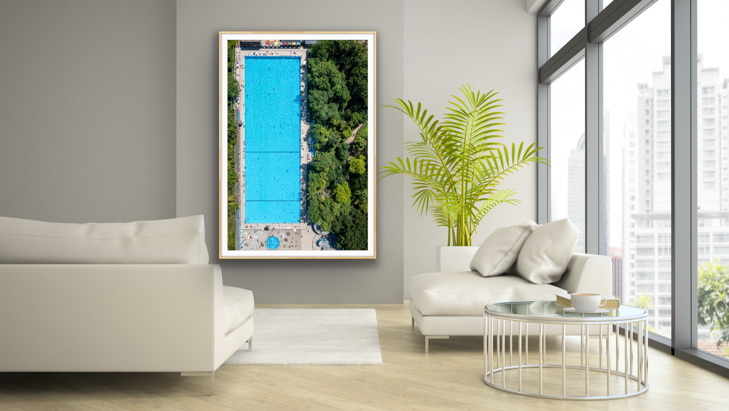 London outdoor swimming pool photographed from above