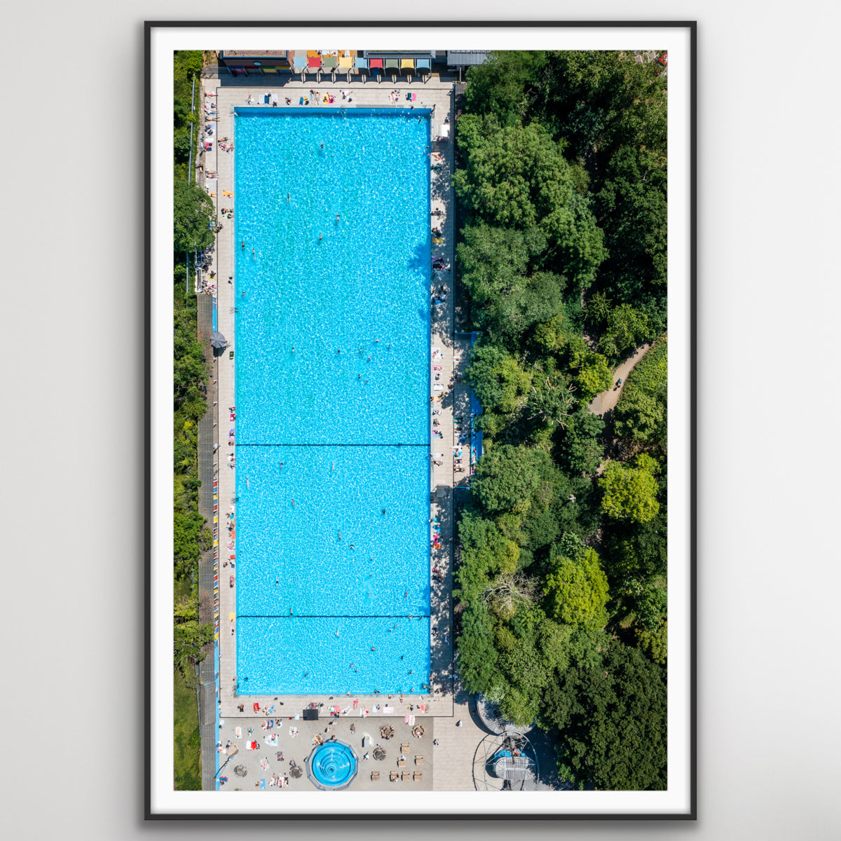 Top-down drone view of a London lido pool