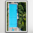 Top-down drone view of a London lido pool