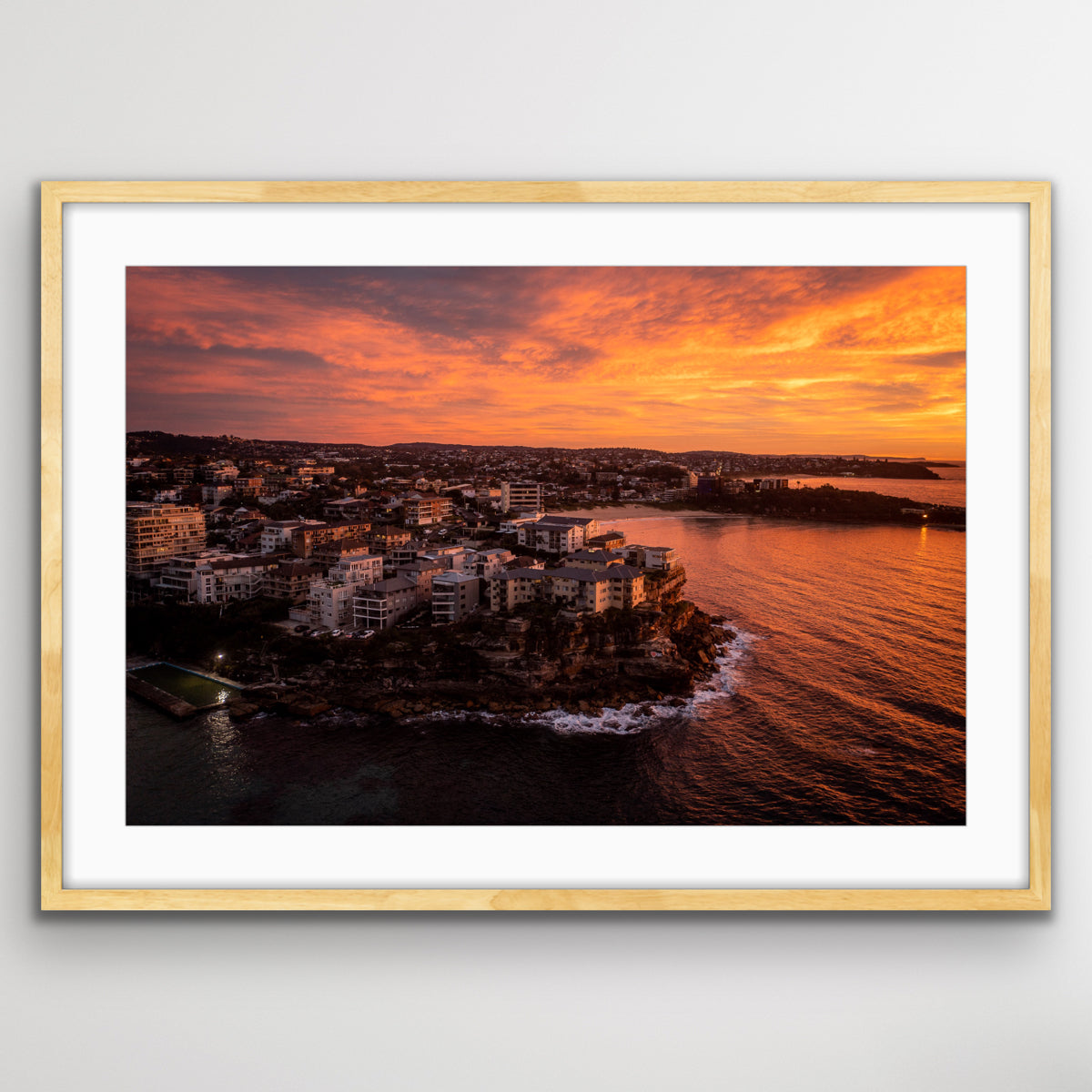 Red morning sunrise at Manly Beach aerial photography