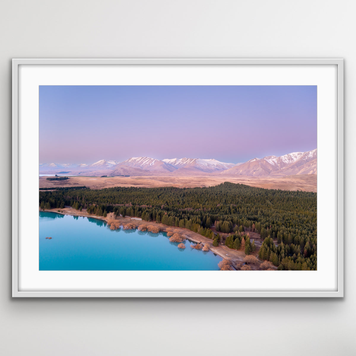 Aerial photograph of Lake Tekapo and surrounding hills wall art print