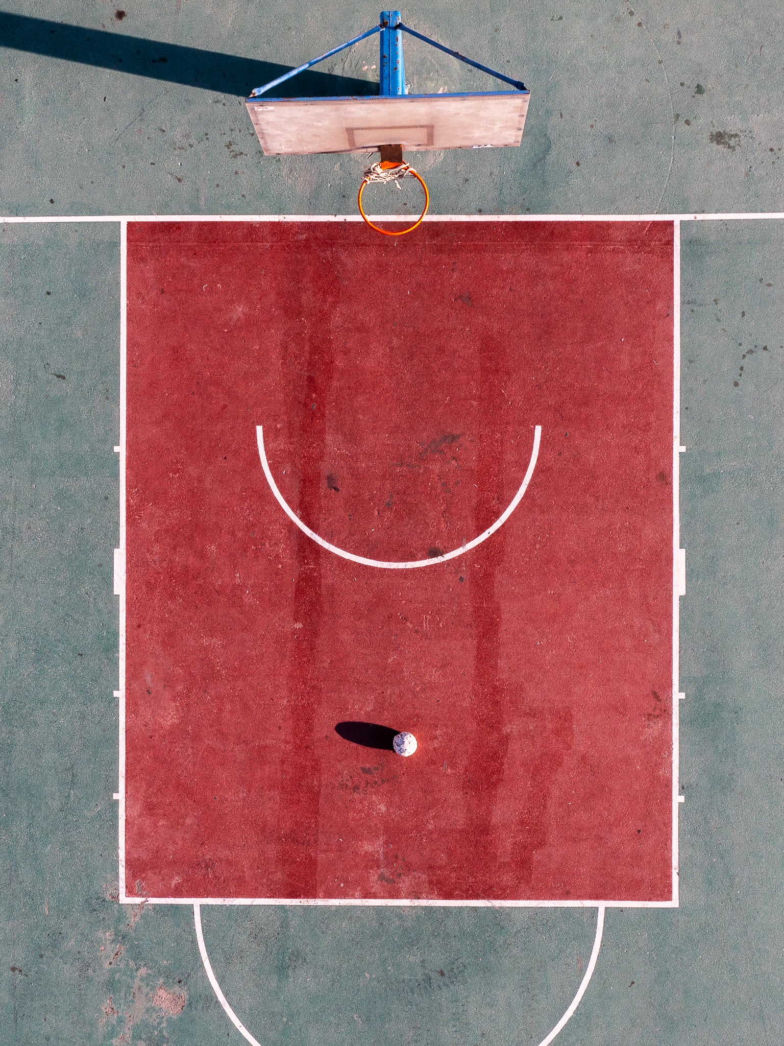 Santorini Basketball Court aerial photography print showing top-down view of court and Greek island architecture