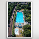 Drone aerial view of sunlit London lido fine art wall art photography print