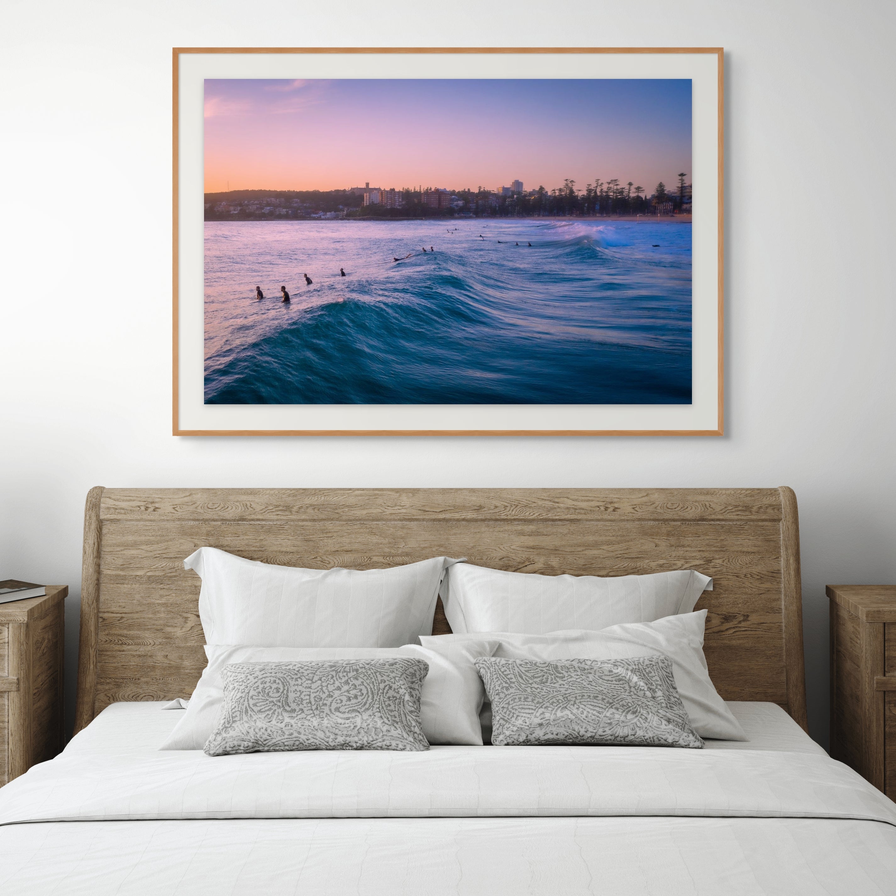 Aerial view of surfers at sunrise Manly Beach fine art print